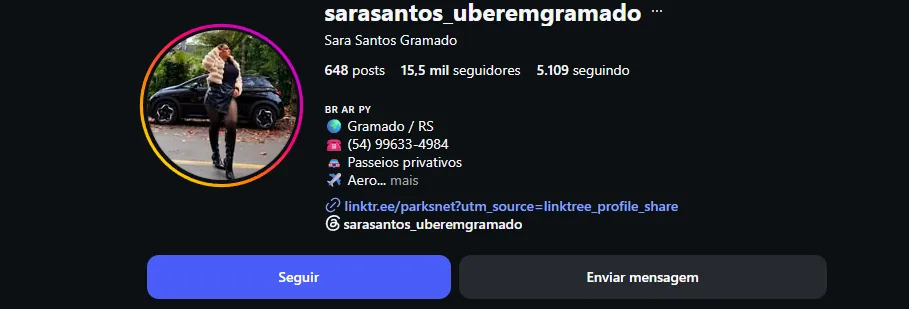 Perfil de Sara Santos no Instagram